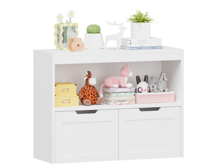 Book Organizer With Large Drawers And Open Shelves, Toy Storage Cabinet With Removable Wheels And Rounded Edges - White