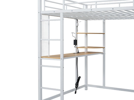 Loft Bed With Desk, Shelves, Power Outlet, LED Light And Wardrobe