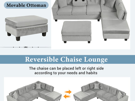 Modern Sectional Sofa With Storage Ottoman, L - Shape Couch With 2 Pillows And Cup Holders