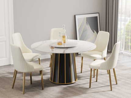 53.15" Modern Artificial Stone Round Panel Metal Iron Base Dining Table, Can Accommodate 6 People-23.62" Artificial Stone Turntable (Not Including Chairs) - White / Black
