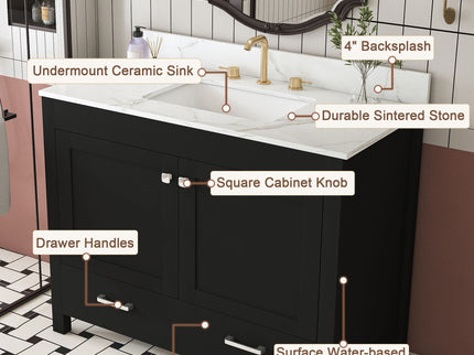 Bathroom Vanity Set, Fluted Cabinet, Soft Close Doors & Drawers, 3 Faucet Holes, Sink Included - Black