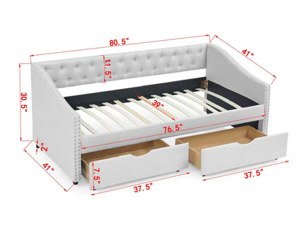 Upholstered Tufted Daybed With 2 Drawers, Waved Arms