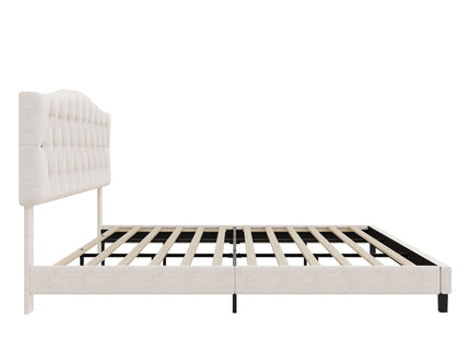King Upholstered Platform Bed With Curved Adjustable Headboard And Diamond Tufted Details, No Box Spring Needed - Beige