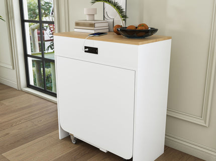 Extendable Dining Table With Power Socket, Lockable Casters, Storage Cabinet