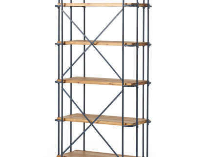 Yorktown - Industrial 5 Shelf Bookcase With Metal Pipework And Solid Fir - Natural