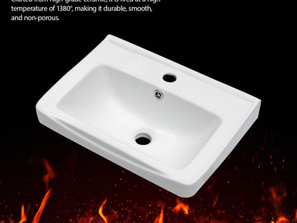 Wall Mounted Rectangular Bathroom Sink With 304 Stainless Steel Towel Bar & Overflow - White