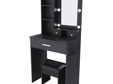 Vanity Table With Mirror, Adjustable LED Lights, Power Outlet, Hairdryer Holder & Stool