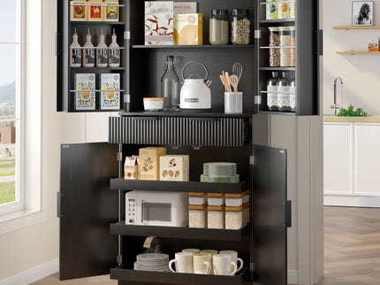 Fluted Kitchen Pantry Cabinet With 3 Keyboard Drawers & 6 Adjustable Door Shelves