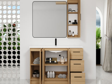 Freestanding Bathroom Vanity Set With Tall Side Cabinet, 3 Drawers And 3 Door Cabinet, Integrated Sink, Large Storage - Glossy White / Light Oak