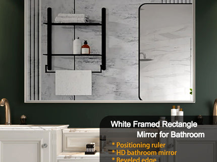 Rectangular Wall-Mounted Beveled Bathroom Mirror, Square Angle Metal Frame Wall Mounted Bathroom Mirrors For Wall (Horizontal & Vertical) - Glossy White