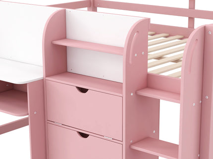 Low Loft Bed With Built In Desk, Storage Cabinets, Open Bookcase And Doodle board