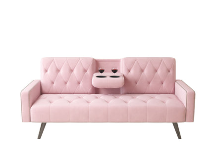 Sofa Bed With Nail Head Trim And Cup Holders - Pink