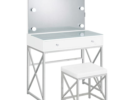 Hamlin - Makeup Vanity Table With Lighted Mirror And Padded Stool - White