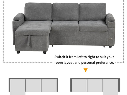 Convertible L Shaped Sofa Couch With Storage, Cup Holders, USB Ports