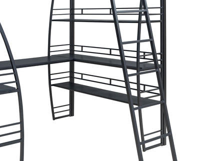 Loft Bed With 4 Layers Of Shelves And L-Shaped Desk, Stylish Metal Frame Bed With A Set Of Sockets, USB Ports And And Wireless Charging