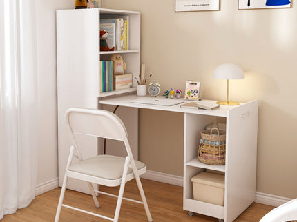 Stretchable Office Desk With Storage Shelves And Mobile Wheels