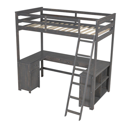 Loft Bed With U-Shaped Desk, Drawers, And Storage Shelves