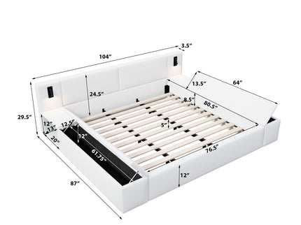 Upholstered Platform Bed Frame With Hidden Storage, Built-In Nightstands & LED Reading Lights