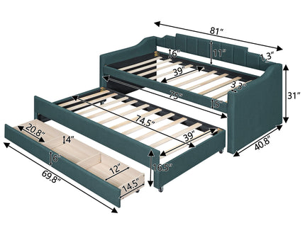 Upholstered Simple Design Daybed With Trundle And 3 Drawers