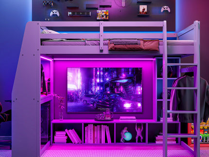 Full Size Gaming Loft Bed With Desk, Multi Storage Shelves, LED Lighting, And Hanging Clothes Rack - Gray