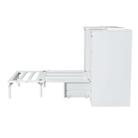Twin Size Murphy Bed With Bedside Shelves And Wardrobe - White