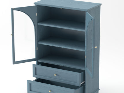 Glass Door Display Case With 2 Drawers And Adjustable Shelf
