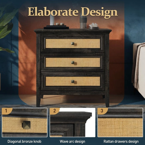 Nightstand With 3 Drawers, Tall End Table - Brown