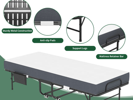 Twin Folding Bed With Memory Foam Mattress, Space Saving Rollaway Guest, On Wheels, Portable For Adults & Guests - Black