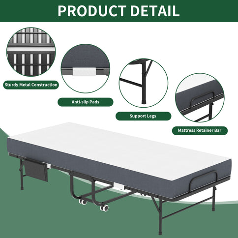 Twin Folding Bed With Memory Foam Mattress, Space Saving Rollaway Guest, On Wheels, Portable For Adults & Guests - Black