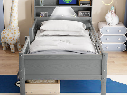 Platform Bed With LED Light, Multi Functional Headboard, Guardrail And 2 Drawers