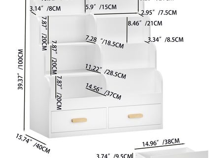 Bookshelf With 2 Storage Drawers, Front Facing Bookcase And Toy Organizer, Multi Tier Reading Shelf - White