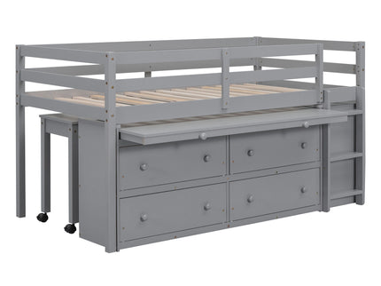 Loft Bed With Retractable Writing Desk And 4 Drawers, With Lateral Portable Desk And Shelves