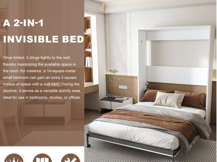 Queen Murphy Bed, Foldable Wall Bed, Space Saving Design For Bedrooms - White
