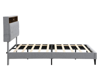 Modern Upholstered Platform Bed Frame With Button Tufted Headboard And USB Ports