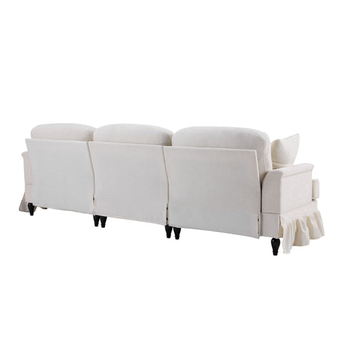 L-Shaped Sectional Sofa With Removable Ruffled Skirt, Flared Arms, Ottoman - White