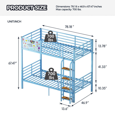Bunk Bed, Convertible To 2 Separate Twin Size Beds & Full Length Guardrail & Ladder, No Box Spring Needed - Blue