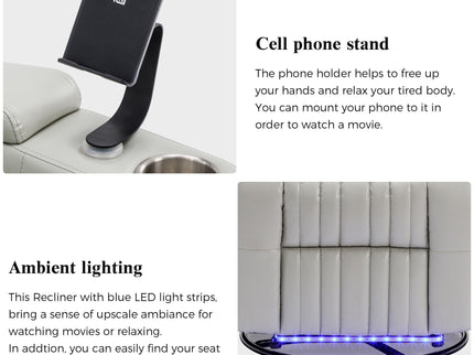 270° Power Swivel Recliner Home Theater Chair With Hidden Arm Storage, LED Light, Cup Holder, And Tray Table