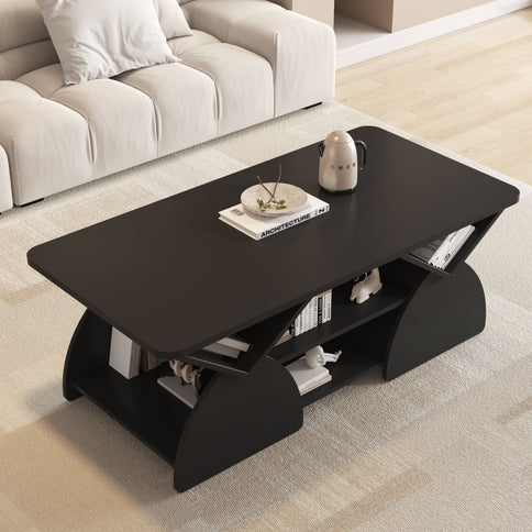 Geometric Engineered Coffee Table With Rounded Corners With Open Shelves