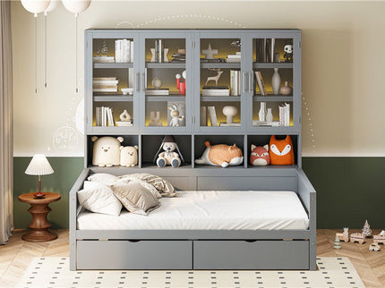 Daybed With Glass Door Storage Cabinets, Built In LED Lighting And Shelves