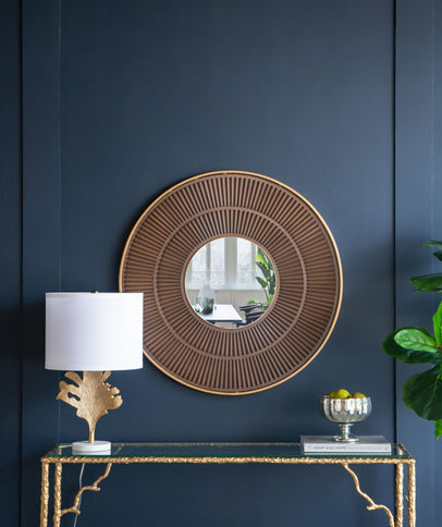 Round Carter Wooden Mirror WithIron Frame Neutral Colorway Wall Decor For Live Space