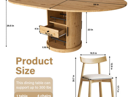 Extendable Oval Dining Table Set With 4 Cushioned Chairs, 2 Tier Storage - Oak