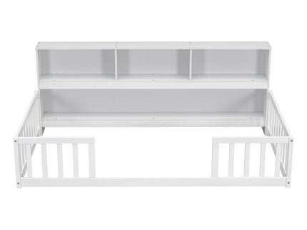 Floor Bed With Bedside Bookcase, Shelves, Guardrails