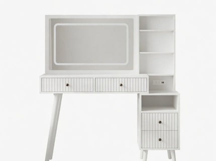 Fluted Vanity Desk With Lighted Mirror & Outlet 4 Drawer, Makeup Table - White