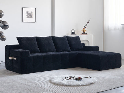 L - Shaped Sectional Sofa With Side Pockets, Wireless Charging, USB Ports, Cup Holder, Bluetooth Speaker, Reversible Lounge Chaise - Black