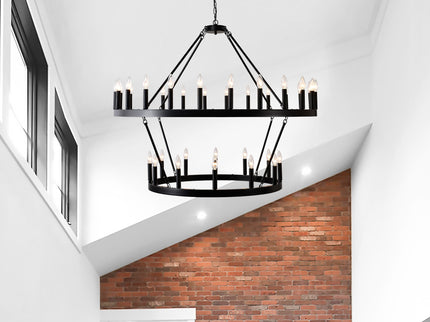 2 Tiers Wagon Wheel Chandelier Wooden Farmhouse 36 Light (24 / 12) Or (12 / 24) Metal Chandeliers 2 Story Light Fixtures Industrial For High Ceiling Living Dining Room Foyer, Adjustable Height - Black