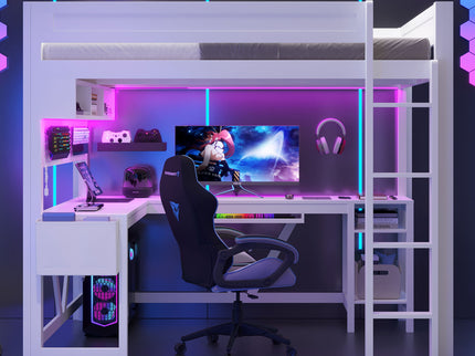 Gaming Loft Bed With Desk, Storage Shelves, LED And Charging Station