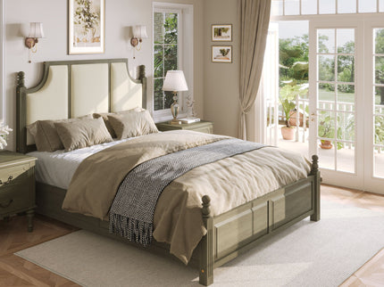 Farmhouse Platform Bed Frame With Tall Linen Upholstered Headboard