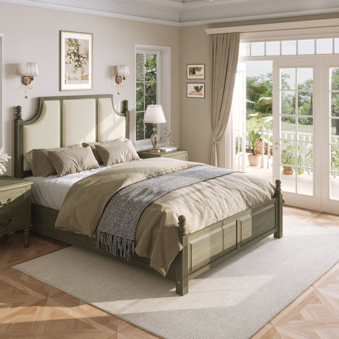 Farmhouse Platform Bed Frame & Tall Upholstered Headboard