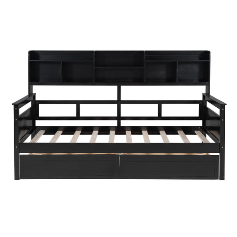 Daybed, Slat Support, With Bedside Shelves And 2 Drawers