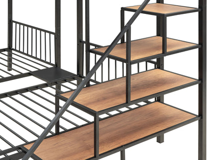 Full Over Twin-Twin Triple Bunk Bed With Drawers And Staircase - Black